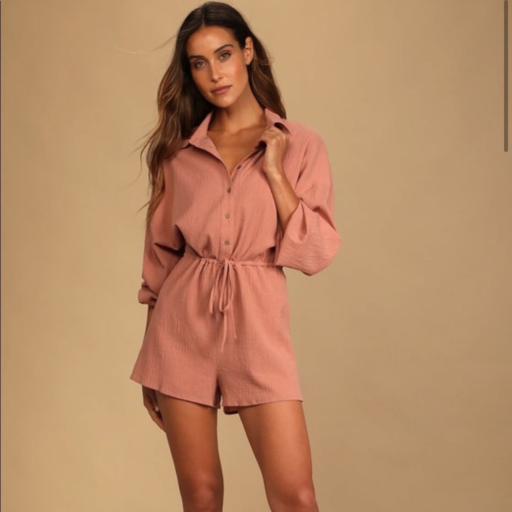 Lulu’s Day to Day Chic Blush Pink Drawstring Long Sleeve Romper - Size XL